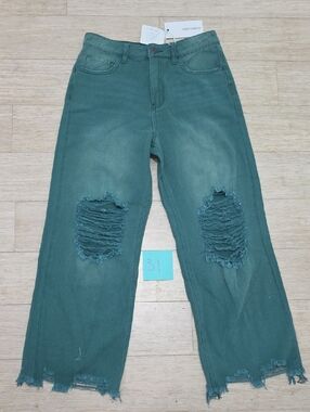 Teal/green Distressed Straight-Leg Cropped Jeans